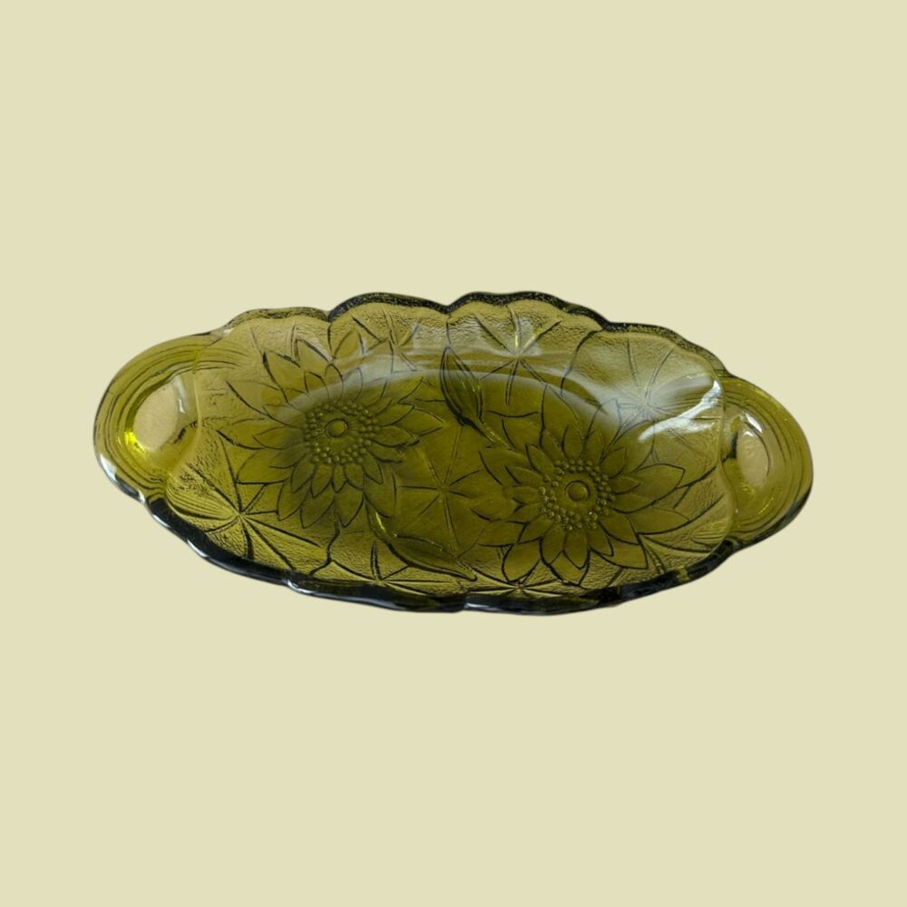 Vintage Green Glass Sunflower Serving Dish – Handled Pressed Relish Tray 1970s